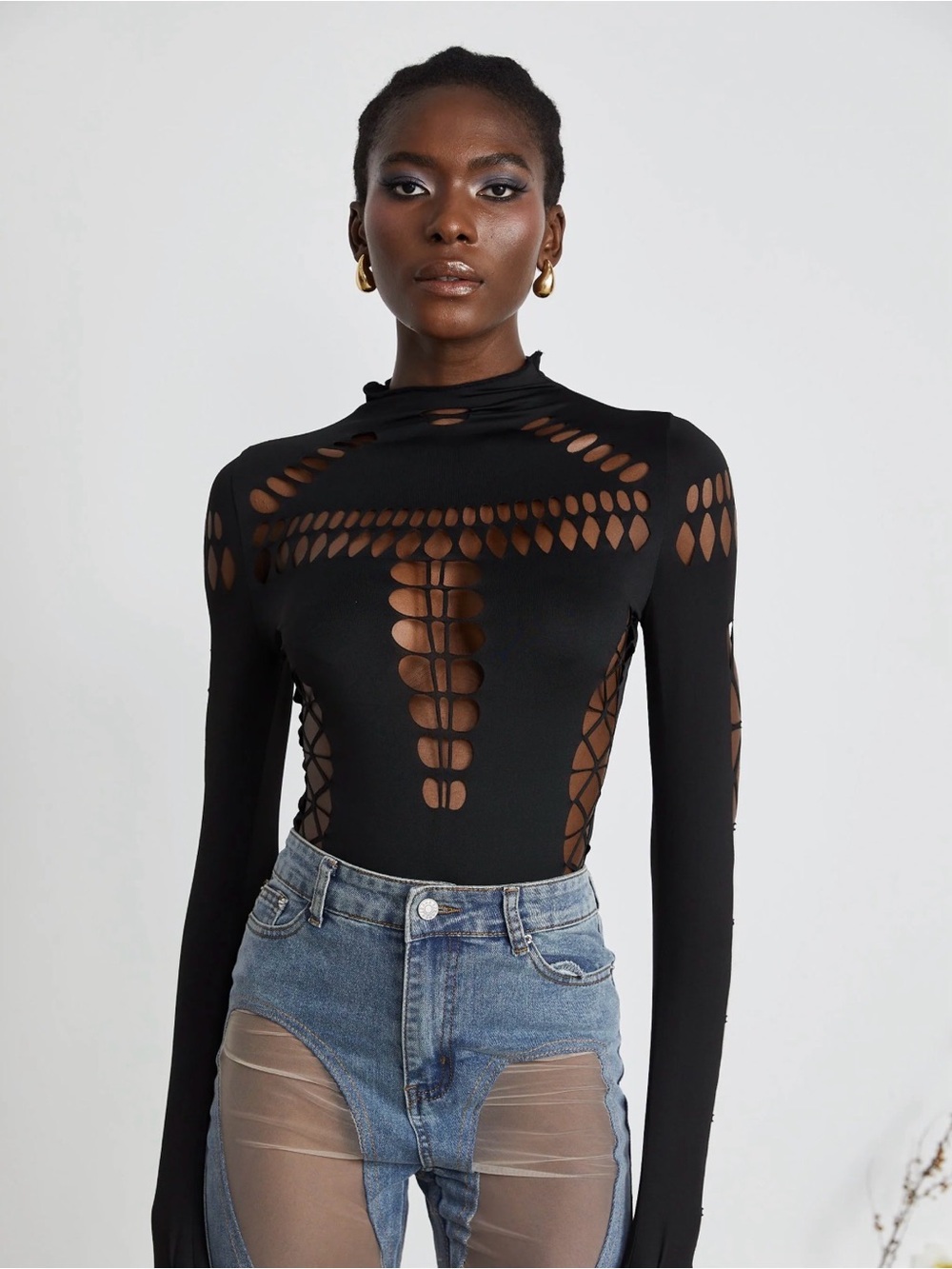 Black Cutout Long-Sleeve Bodysuit with Laser-Cut Details